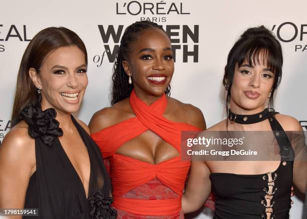 Eva Longoria, Aja Naomi King and Camila Cabello attends the 2023 L'Oréal Paris Women Of Worth at NeueHouse Hollywood on November 16, 2023 in...