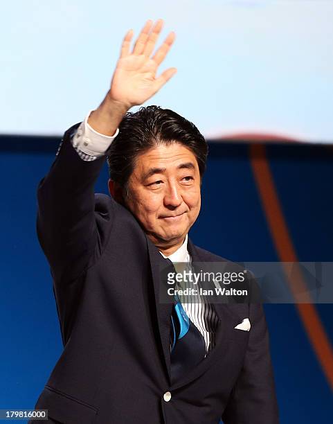 Prime Minister Shinzo Abe waves during the Tokyo 2020 bid presentation during the 125th IOC Session - 2020 Olympics Host City Announcement at Hilton...