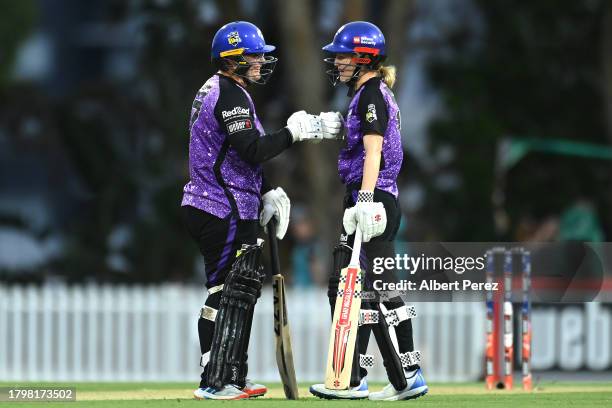 Lizelle Lee and Nicola Carey of the Hurricanes react during the WBBL match between Melbourne Stars and Hobart Hurricanes at Allan Border Field, on...