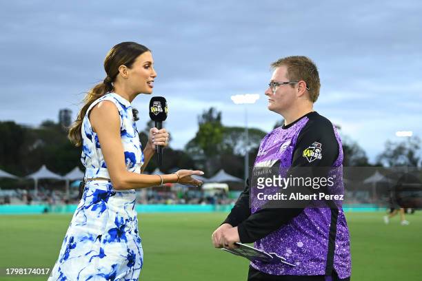 Lizelle Lee of the Hurricanes is interviewed by Erin Holland after being named Player of the Match during the WBBL match between Melbourne Stars and...