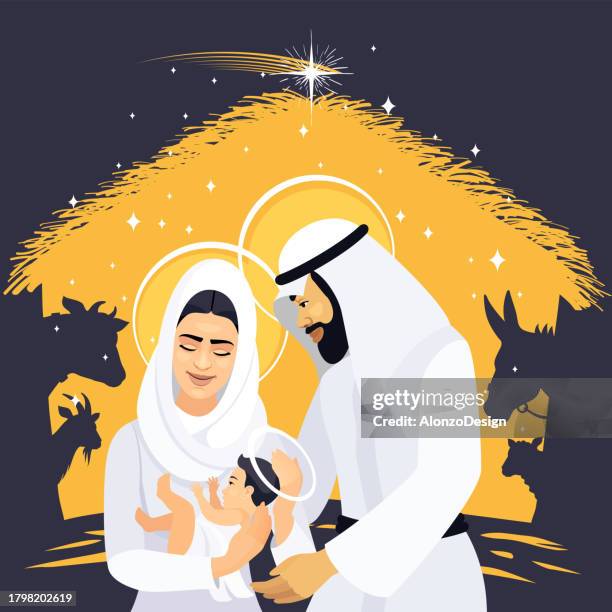 stockillustraties, clipart, cartoons en iconen met nativity scene. the holy family. - baby goats