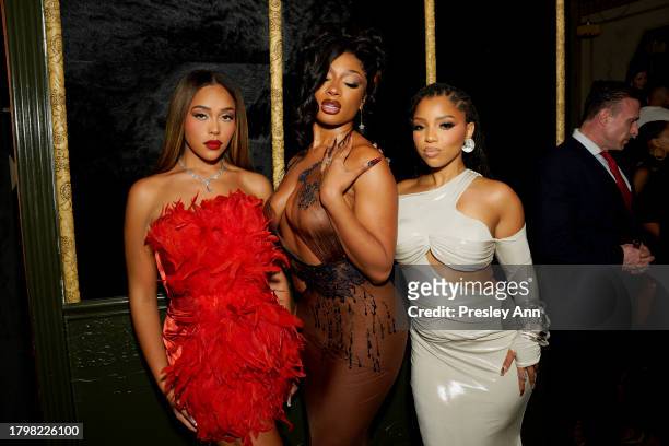 Jordyn Woods, Megan Thee Stallion and Chloe Bailey attend the GQ Men of the Year Party 2023 at Bar Marmont on November 16, 2023 in Los Angeles,...