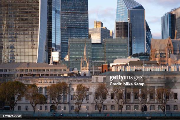 City of London skyline looking towards the lower level Custom House, home of HM Revenue and Customs aka HMRC and 20 Fenchurch Street, affectionately...