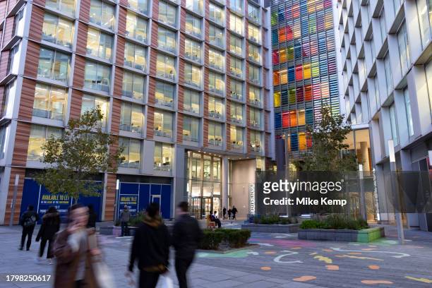 Exterior night view of modern office building 2 and 3 Bankside on Southwark Street on 15th November 2023 in London, United Kingdom. Architecture has...