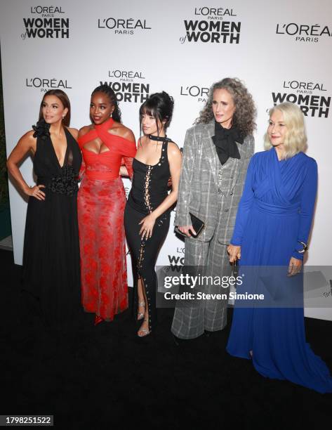 Eva Longoria, Aja Naomi King, Camila Cabello, Annie MacDowell and Helen Mirren attend the 2023 L'Oréal Paris Women Of Worth at NeueHouse Hollywood on...