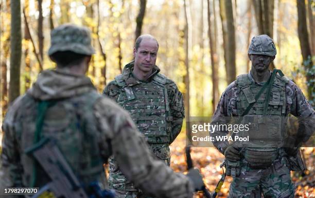 Prince William, Prince of Wales, Colonel-in-Chief, 1st Battalion Mercian Regiment listens to a briefing ahead of an attack exercise during a visit to...