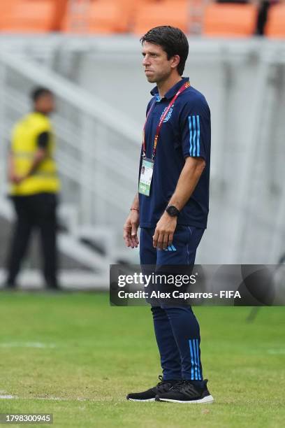 Diego Placente, Head Coach of Argentina, looks on during the Group E match between Poland and Argentina during the FIFA U-17 World Cup at Jakarta...