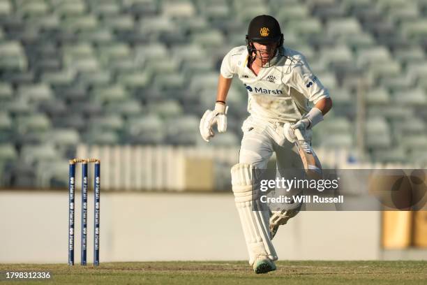 Corey Rocchiccioli of Western Australia runs to the celebrate the wicket of during the Sheffield Shield match between Western Australia and South...