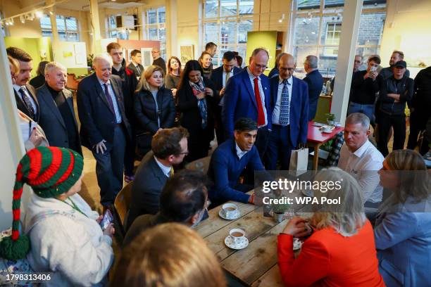 British Prime Minister Rishi Sunak meets with small business owners from Sunny Bank Mills, at The Emma White Jewellery Studio in Sunny Bank Mills on...