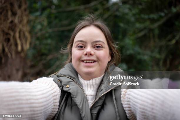 always time for a selfie - down syndrome adult exercise stock pictures, royalty-free photos & images