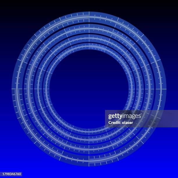 futuristic blue concentric circles with detailed markings on a deep blue background. - concentric circle graph stock illustrations