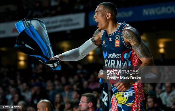 Jacob Wiley of the 36ers celebrates shooting a three from the bench during the round eight NBL match between Adelaide 36ers and South East Melbourne...