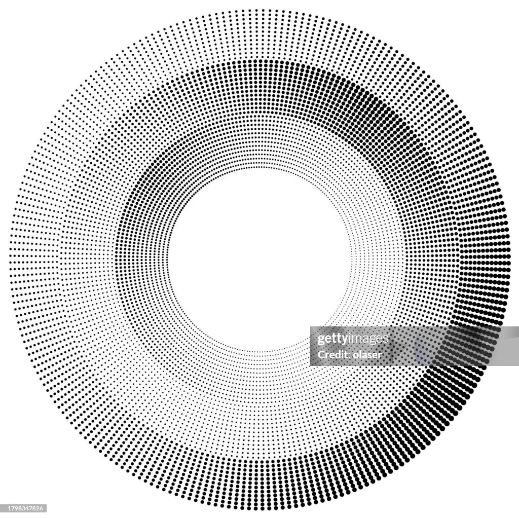 Schwarz-weißes Halbton-Kreismuster mit einem Farbverlauf von dichten bis spärlichen Punkten.