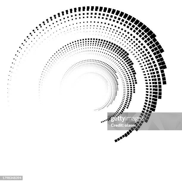 black dotted spiral pattern diminishing in size towards the center on white. - optical illusion stock illustrations