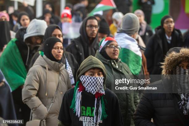 School students and parents protest at the bombing of Palestine and the voting record of local MP Margaret Hodge at Barking Town Hall on November 17,...