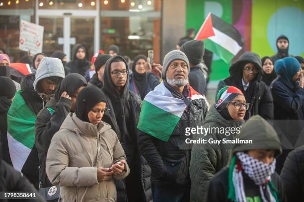 School students and parents protest at the bombing of Palestine and the voting record of local MP Margaret Hodge at Barking Town Hall on November 17,...