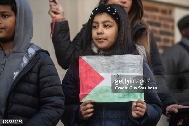 School students and parents protest at the bombing of Palestine and the voting record of local MP Margaret Hodge at Barking Town Hall on November 17,...