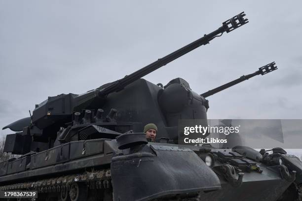 Ukranian soldiers on air defense combat duty operate a Flakpanzer Gepard, self-propelled anti-aircraft gun, on November 23, 2023 in the direction of...