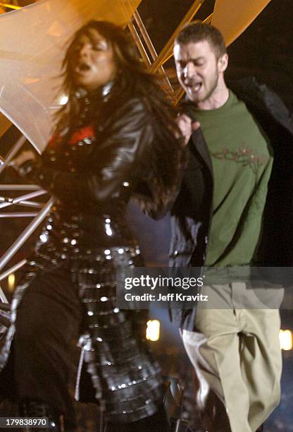 Janet Jackson and Justin Timberlake during Super Bowl XXXVIII Halftime Show at Reliant Stadium in Houston, Texas, United States.