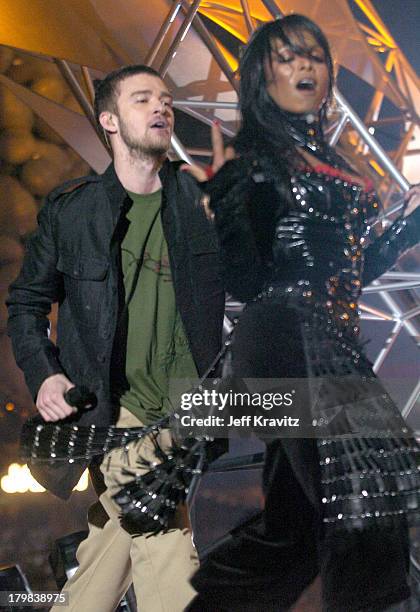 Justin Timberlake and Janet Jackson during Super Bowl XXXVIII Halftime Show at Reliant Stadium in Houston, Texas, United States.