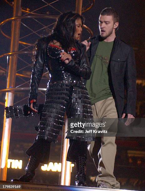Janet Jackson and Justin Timberlake during Super Bowl XXXVIII Halftime Show at Reliant Stadium in Houston, Texas, United States.