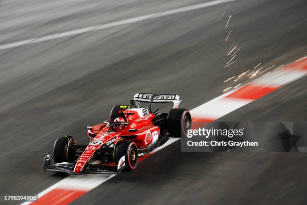 Carlos Sainz of Spain driving the Ferrari SF-23 on track during practice ahead of the F1 Grand Prix of Las Vegas at Las Vegas Strip Circuit on...