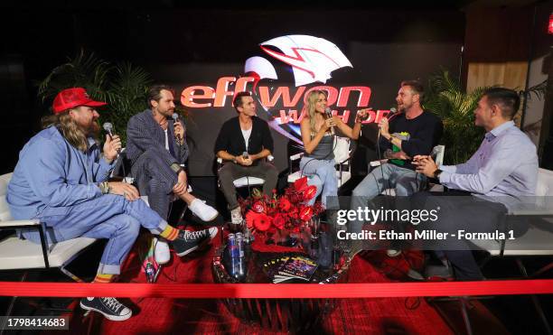 Matthew Collins, Charlie Curtis, Rob McElhenney, Kaitlin Olson, Dax Shepard and Jethro Bovingdon record an episode of the "eff won with DRS" podcast...