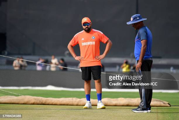 India captain Rohit Sharma inspects the pitch during a India Nets Session ahead of the ICC Men's Cricket World Cup Final between India and Australia...