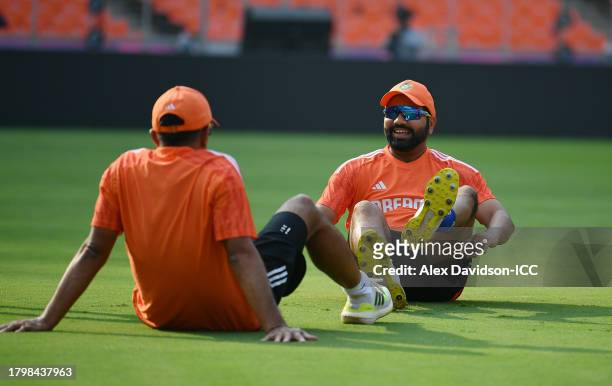 India captain Rohit Sharma looks on during a India Nets Session ahead of the ICC Men's Cricket World Cup Final between India and Australia at...