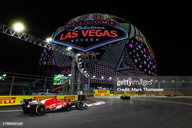Charles Leclerc of Monaco driving the Ferrari SF-23 on track during practice ahead of the F1 Grand Prix of Las Vegas at Las Vegas Strip Circuit on...