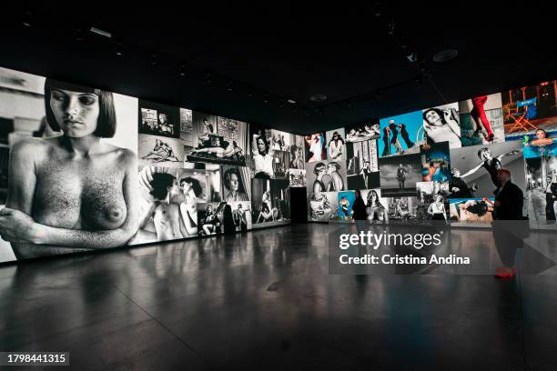 People looks at a photograph during the press conference at the opening of the exhibition Helmut Newton - Fat & Fiction at the Muelle de Batería in A...