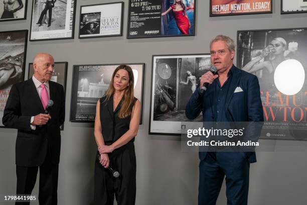 Philippe Garner, vice-president of the Helmut Newton Foundation and curator of the exhibition, Leticia Castromil, manager of the MOP Foundation and...