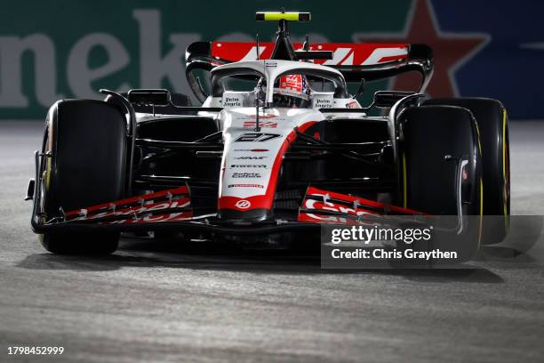 Nico Hulkenberg of Germany driving the Haas F1 VF-23 Ferrari on track during practice ahead of the F1 Grand Prix of Las Vegas at Las Vegas Strip...