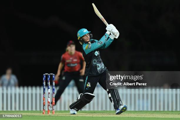 Nicola Hancock of the Heat bats during the WBBL match between Brisbane Heat and Melbourne Renegades at Allan Border Field, on November 17 in...