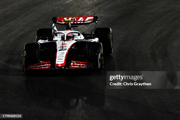 Nico Hulkenberg of Germany driving the Haas F1 VF-23 Ferrari on track during practice ahead of the F1 Grand Prix of Las Vegas at Las Vegas Strip...