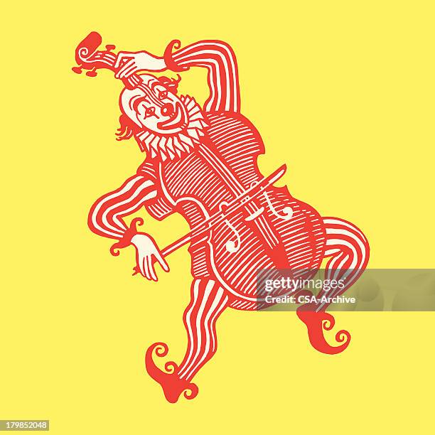 ilustrações, clipart, desenhos animados e ícones de palhaço com um violoncelo fantasia - harlequin