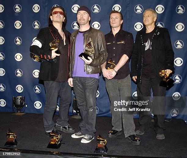 Bono, The Edge, Larry Mullen Jr. And Adam Clayton of U2, winners of Best Rock Performance by a Duo or Group with Vocal for Vertigo, Best Short Form...