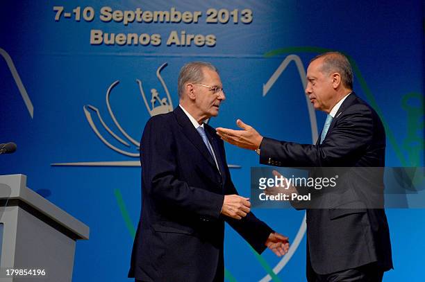 President of the IOC Jacques Rogge greets Prime Minister of Turkey, Recep Tayyip Erdogan during the Istanbul 2020 bid presentation during the 125th...