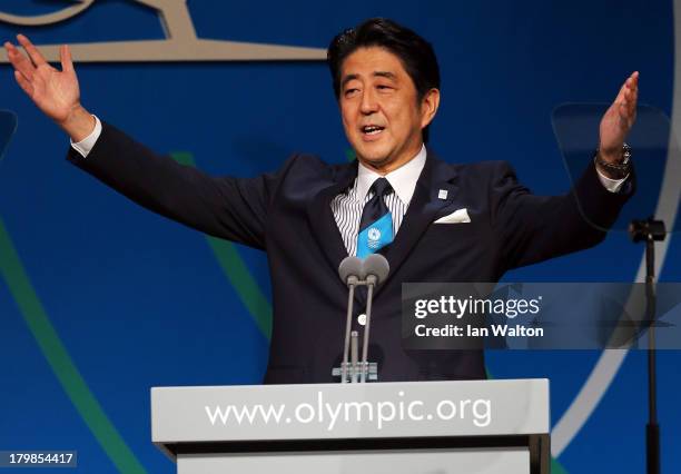 Prime Minister Shinzo Abe speaks during the Tokyo 2020 bid presentation during the 125th IOC Session - 2020 Olympics Host City Announcement at Hilton...