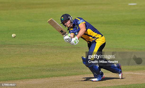 Chris Cooke of Glamorgan hits out during the Yorkshire Bank 40 Semi Final match between Hampshire and Glamorgan at Ageas Bowl Cricket Ground on...