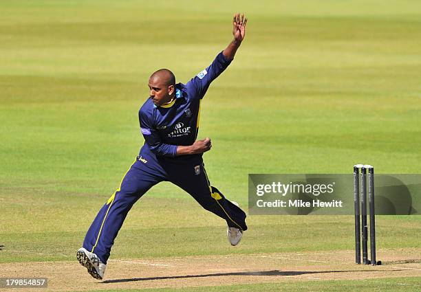 Dimitri Mascarenhas of Hampshire in action during the Yorkshire Bank 40 Semi Final match between Hampshire and Glamorgan at Ageas Bowl Cricket Ground...