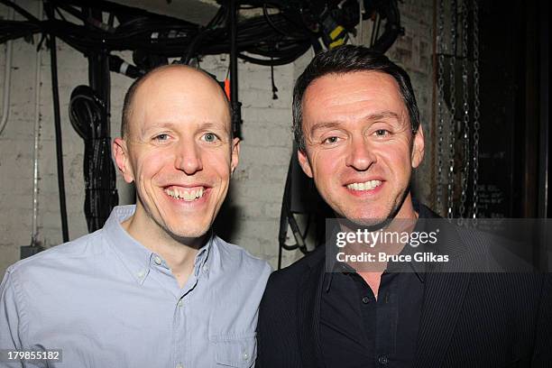 Book writer John August and composer/lyrics Andrew Lippa pose backstage at the musical "Big Fish" on Broadway at The Neil Simon Theater on September...