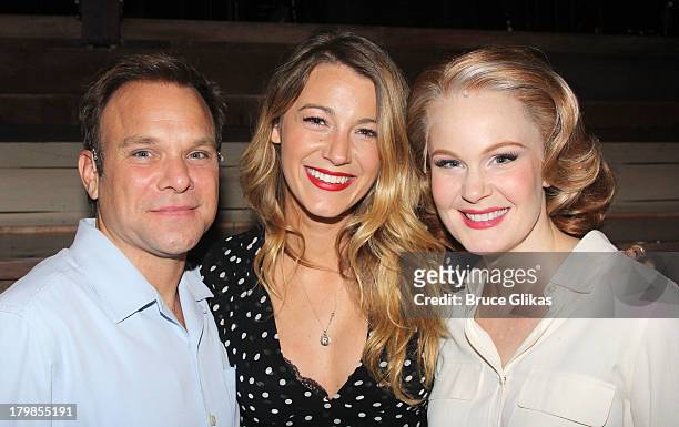 Norbert Leo Butz, Blake Lively and Kate Baldwin pose backstage at the musical "Big Fish" on Broadway at The Neil Simon Theater on September 6, 2013...