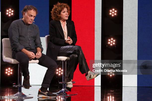 Francesco Acquaroli and Cecilia Dazzi speak on stage during SkyTg24 Live at Magazzini del Cotone on November 17, 2023 in Genoa, Italy.