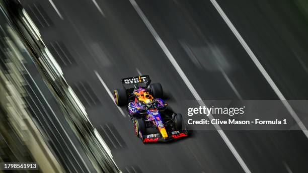 Max Verstappen of the Netherlands driving the Oracle Red Bull Racing RB19 on track during practice ahead of the F1 Grand Prix of Las Vegas at Las...