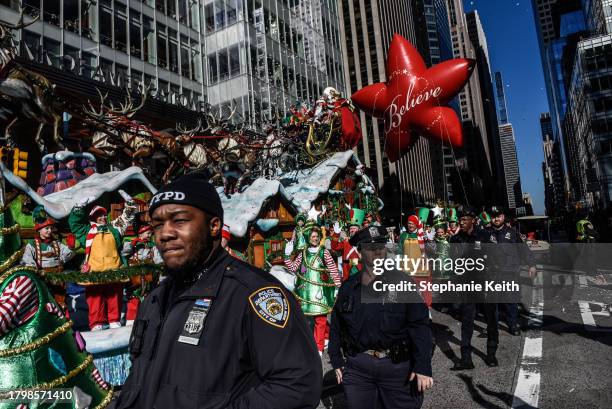 Person depicting Santa Claus participates in Macy's annual Thanksgiving Day Parade on November 23, 2023 in New York City. Thousands of people lined...