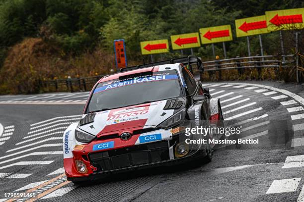 Sebastien Ogier of France and Vincent Landais of France compete with their Toyota Gazoo Racing WRT Toyota GR Yaris Rally1 Hybrid during Day two of...