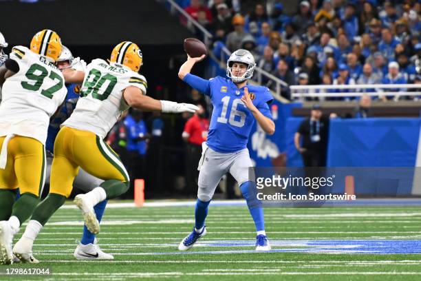 Detroit Lions quarterback Jared Goff throws wide during the Detroit Lions versus the Green Bay Packers game on Thursday November 23, 2023 at Ford...