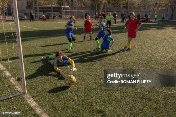 Players of "Krystal Kherson", the girls' football team from Kherson, play a football tournament dedicated to the one-year of Kherson liberation, in...