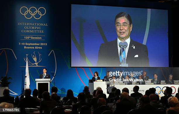 Tokyo 2020 CEO Masato Mizuno speaks during the Tokyo 2020 bid presentation during the 125th IOC Session - 2020 Olympics Host City Announcement at...